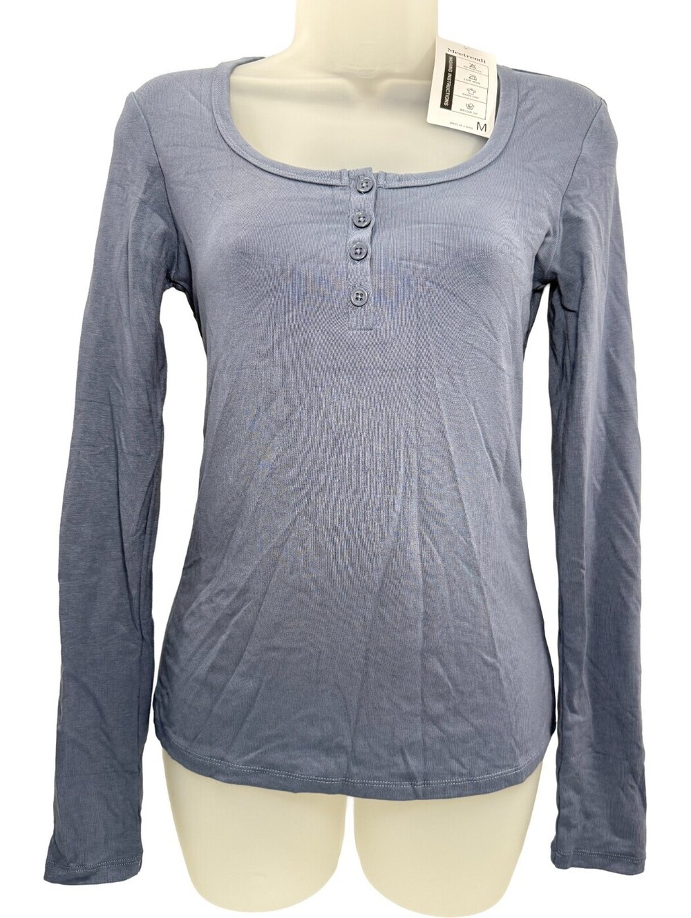 Meetrendi Women's Long Sleeve  1/4 Button Henley Top Blue Medium Rayon NWT